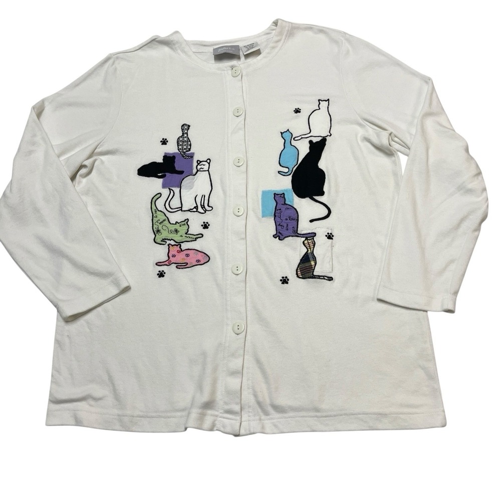 White Cat‎ Cardigan Kitten Embroidered Button Front Crazy Cat Lady Size M Layer